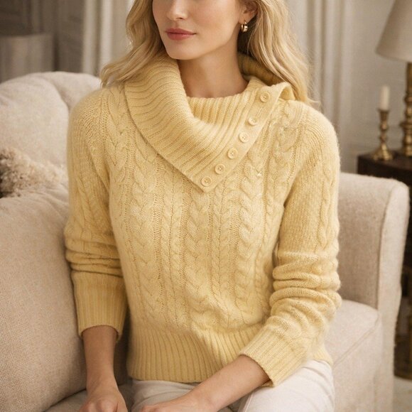 Banana Republic Sweaters - Banana Republic Women Cable Knit Shawl Collar Sweater Size M Butter Yellow Cozy